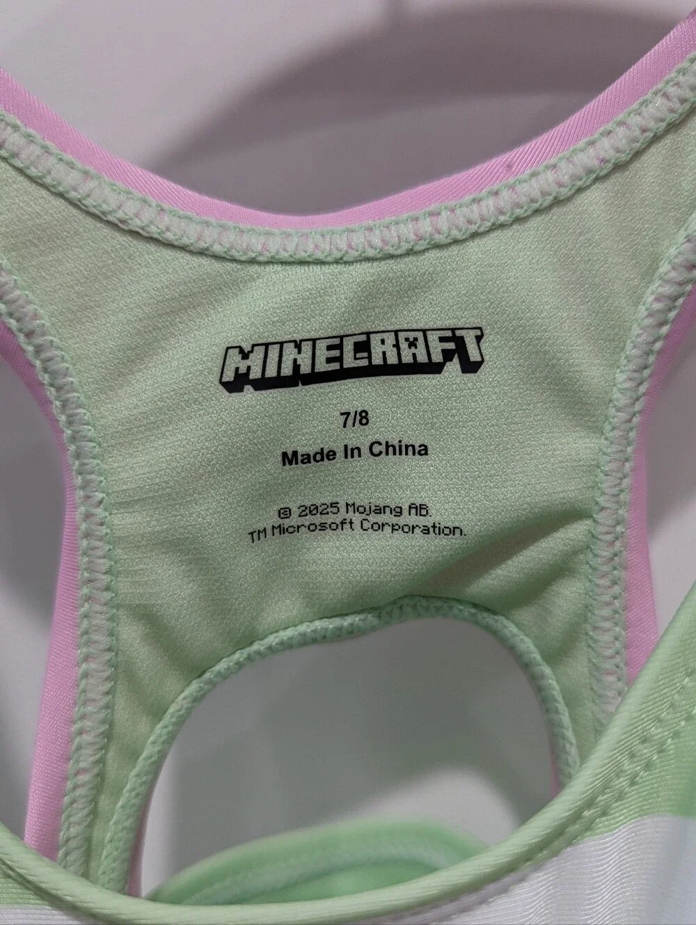 NEW Minecraft Kids One Piece Swimsuit Green White Stripes Pink Girls Size 7 8
